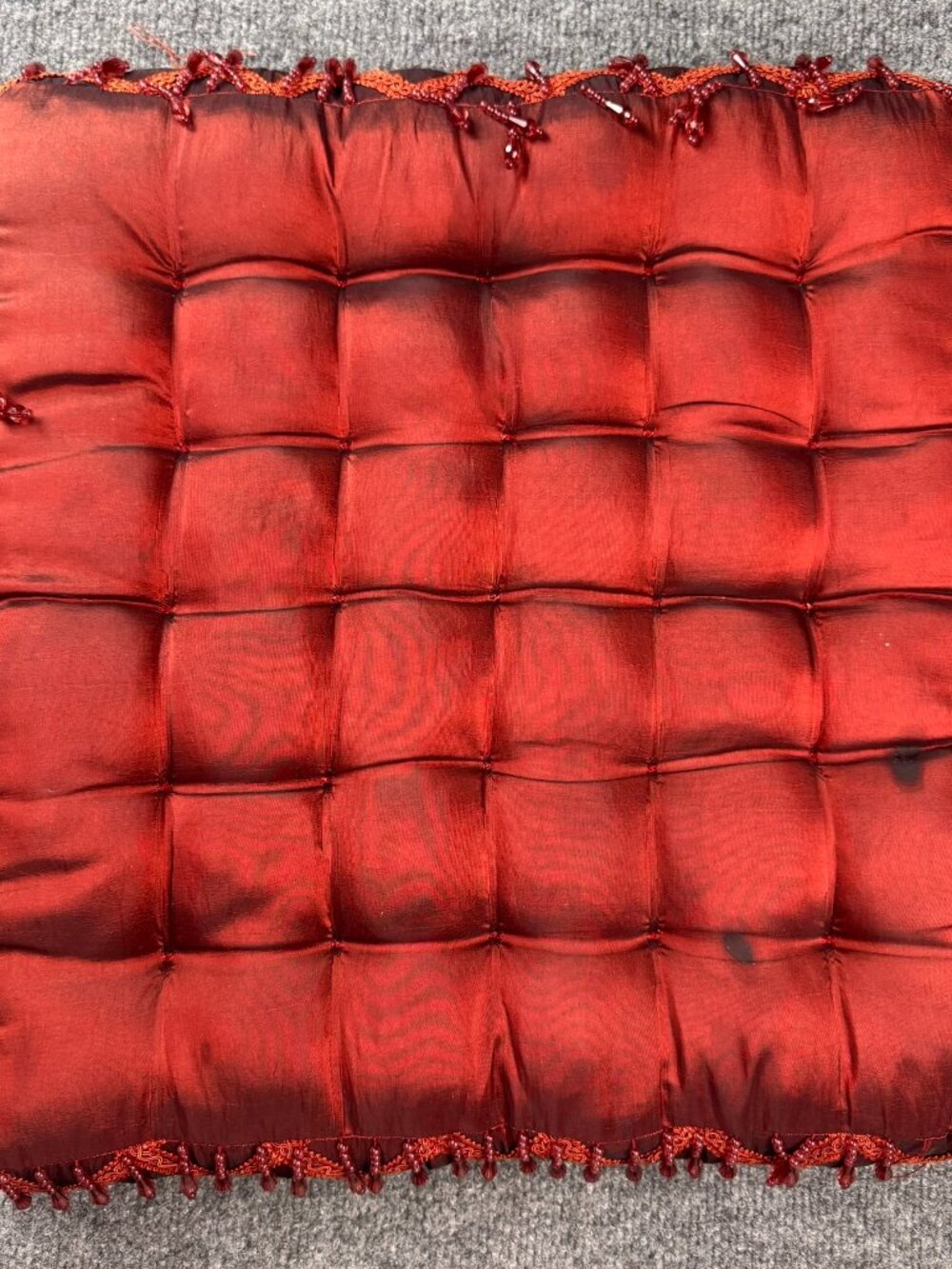 Vintage Tufted Seat Cushion Pillow Red Burgundy Beaded Trim 16x16 Stained Flawed
